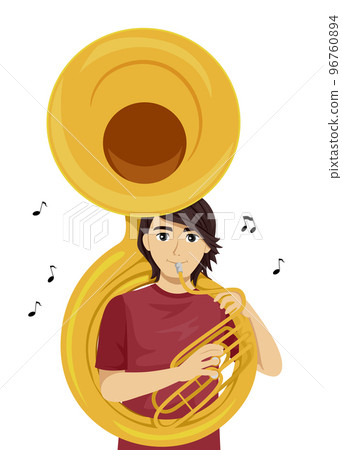 Teen Boy Play Sousaphone Music Notes Illustration 96760894