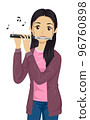 Teen Girl Play Piccolo Music Notes Illustration 96760898