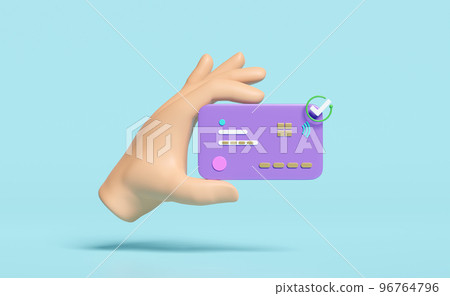 hand using credit card 3d with checkmark icon isolated on blue. payment transaction, online shopping, business finance, cashless, online mobile banking, 3d render illustration, clipping path 96764796