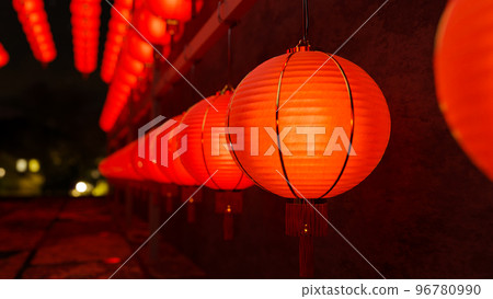 Close-up, Traditional red Chinese lanterns hanging on the ceiling background 96780990