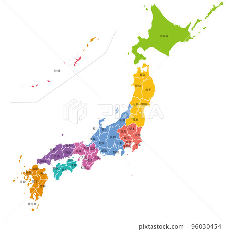 Map of Japan color-coded by region, with prefecture names 96030454