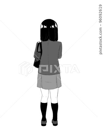 High school girl holding a bag, back view, monochrome 96092619