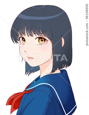 Color illustration of a schoolgirl looking sideways, bob hair, eyes = brown, ribbon = red 96106600