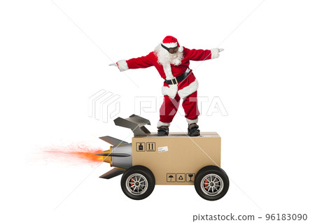 Sants Claus and super fast delivery of package service with box like a rocket. 96183090