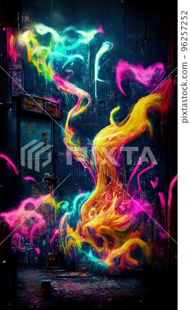 Abstract smoke multicolored on black background. A wall splattered with colored paint, surrounded by colored smoke. Perfect for phone wallpaper or for posters 96257252