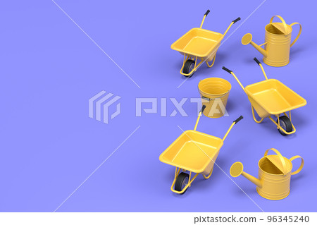 Garden wheelbarrow with garden tools like water can, rake and bucket on blue. 96345240