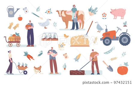 Agriculture collection, farmer people, male gardener. Harvest clipart, vegetables and farm animals. Agricultural market, fresh food kicky vector clipart 97432151