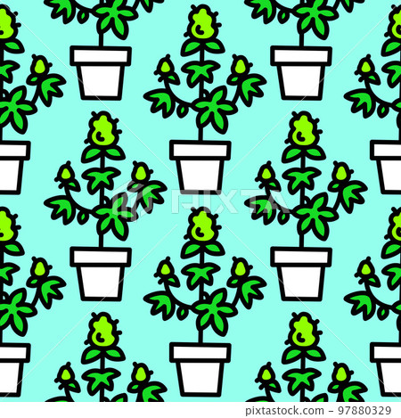 Cannabis Plants Seamless Vector Pattern in Line Cartoon Style for Medical Marijuana Dispensary 97880329