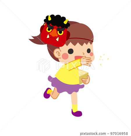 Illustration of a cute little girl wearing a red ogre mask who is sowing beans, Setsubun, white background, person 97016958