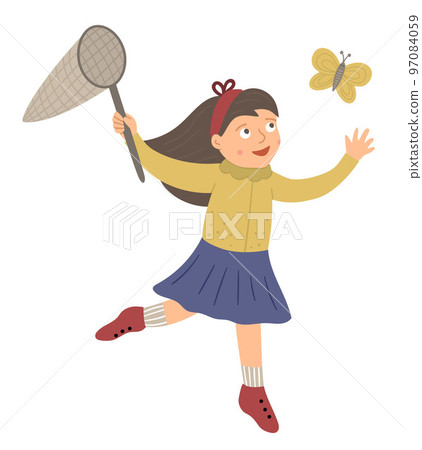 Vector illustration of a girl catching butterfly with a net isolated on white background. Cute kid enjoying summer. Spring picture with funny character. 97084059