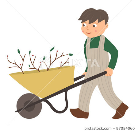 Vector illustration of a boy pulling wheelbarrow isolated on white background. Cute kid doing garden work. Spring gardening activity picture with funny character. 97084060