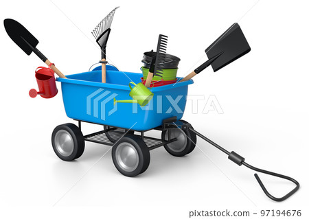 Garden wheelbarrow with garden tools like shovel, watering can and fork on white 97194676