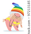 Real bearded dwarf woman. Cutie in a bathing suit. Girl in a rainbow hat. Fairy tale character. Vector illustration 97213185