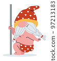 The gnome is dancing at the pole. Dwarf in shorts. Bearded fairy tale character. Vector illustration 97213183