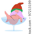 Pot-bellied dwarf in a glass goblet. Naked gnome. Fairy tale character. Vector illustration 97213199