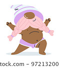 Hot African-American gnome. Dwarf in shorts. Pink beard. Fairy tale character. Vector illustration 97213200