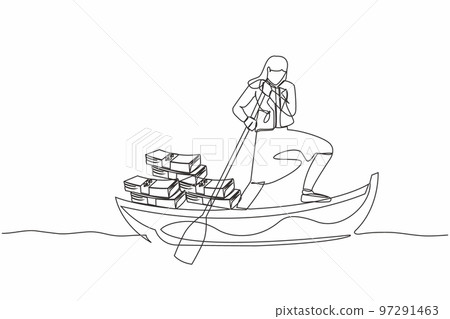 Single continuous line drawing businesswoman sailing away on boat with pile of banknote. Escape with money. Financial crime, tax evasion, money laundering. One line graphic design vector illustration 97291463