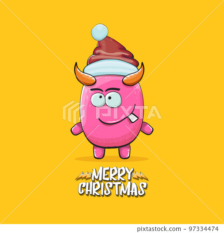 Vector cartoon funky pink monster with Santa Claus red hat isolated on orange background with snowflakes. Childrens Merry Christmas greeting card with funny monster minion elf Santa Claus. 97334474