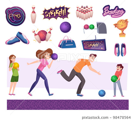 Bowling players. Funny characters playing in sport game bowling exact vector people in action poses 98478564