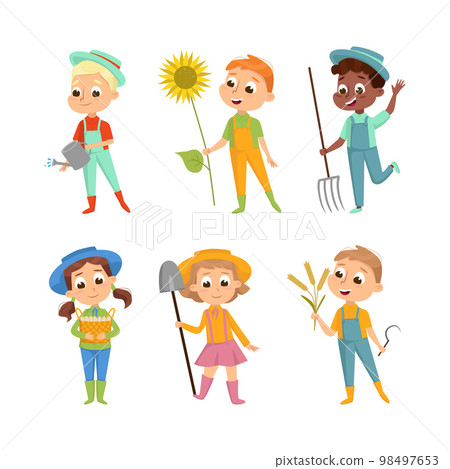 Cute Kids Farmer or Gardener Working in the Yard Vector Set 98497653