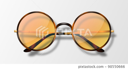 Vector 3d Realistic Round Frame Glasses Icon Isolated. Leopard Color Frame. Transparent Orange Sunglasses for Women and Men, Accessory. Optics, Lens, Vintage, Trendy Glasses. Top View 98550666