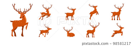 Brown Deer with Antlers and Slender Legs in Standing and Jumping Pose Vector Set 98581217