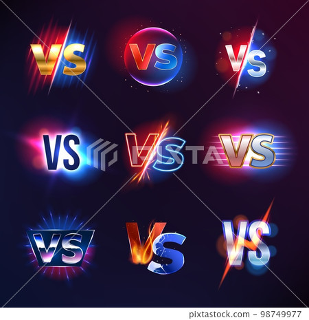 VS text and versus symbols. Sport match, championship tournament or martial arts contest, conflict, confrontation or battle vector backgrounds or symbols with flame, fire, lightning and light effects 98749977