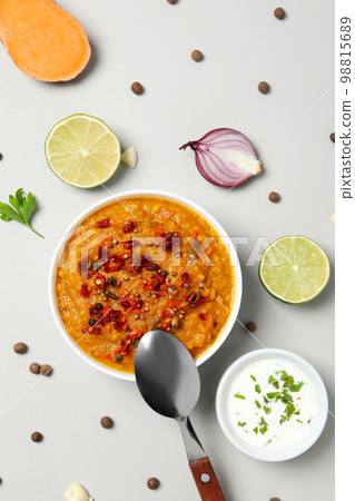 Concept of tasty food, sweet potato puree, top view 98815689