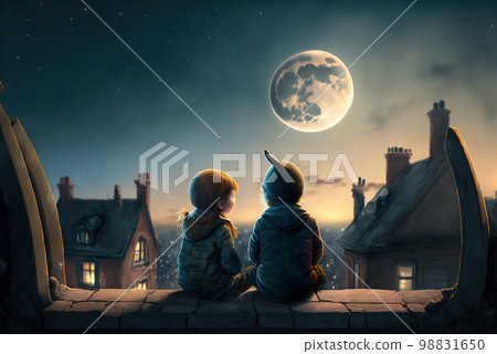 Children sitting on roof at night, little boy and girl looks at stars in sky, generative AI 98831650