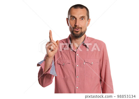 Middle-aged man with beard, mustache and short haircut posing isolated on white background. Sincere emotions concept. 98853134