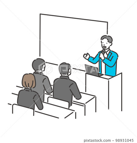 Vector illustration material of a male seminar lecturer holding a microphone and giving a lecture / business / lecture / presentation 98931045