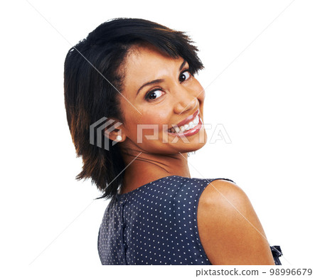 Woman, smile and portrait of a model with happiness and natural beauty with white background. Isolated, black woman and smiling person looking over shoulder feeling happy in studio mock up alone 98996679