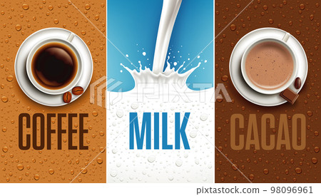 Top view coffee and cocoa cup, milk splash. Coffee and milk background with many fresh drops 98096961