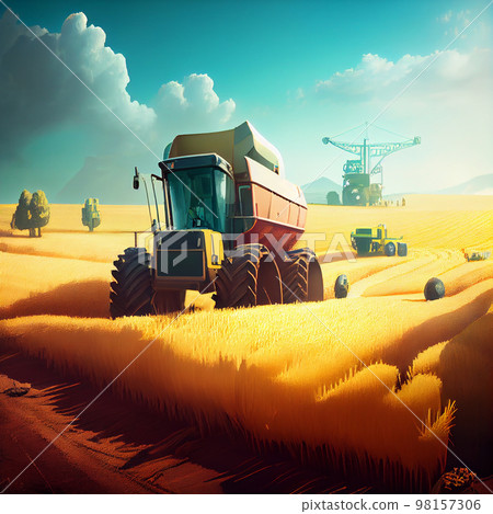 Harvester harvesting wheat in a sunny field. Generative AI 98157306