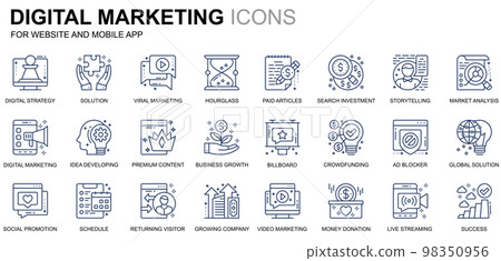 Simple Set Business and Marketing Line Icons for Website and Mobile Apps. Contains such Icons as Digital Strategy, Global Solution, Market. Conceptual color line icon. Vector pictogram pack. 98350956