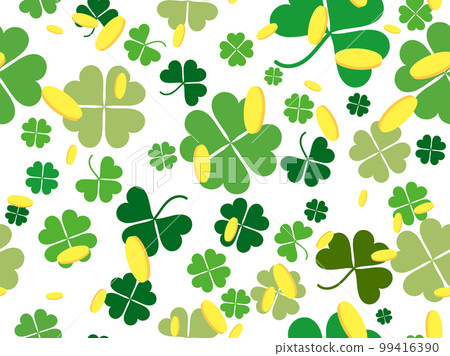 Seamless pattern with clover leaves and golden coins. Festive background for Saint Patrick's Day. Green clover leaves for good luck. Design for print, postcards and printing. Vector illustration 99416390