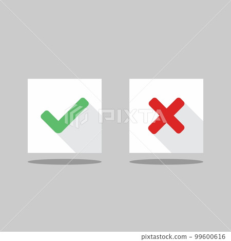 Check and wrong marks, Tick and cross marks, Accepted/Rejected, Approved/Disapproved, Yes/No, Right/Wrong, Green/Red, Correct/False, Ok/Not Ok - vector mark symbols in green and red. Isolated icon. 99600616