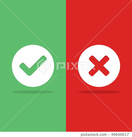 Check and wrong marks, Tick and cross marks, Accepted/Rejected, Approved/Disapproved, Yes/No, Right/Wrong, Green/Red, Correct/False, Ok/Not Ok - vector mark symbols in green and red. Isolated icon. 99600617