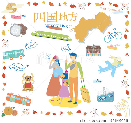 A family of three who enjoys the autumn specialty sightseeing in the Shikoku region of Japan, a set of icons (flat) 99649696