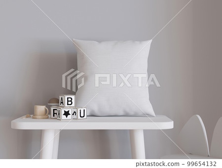 White square pillow in kids room. Blank cushion case template for your graphic design presentation. Pillow cover mock up for print, pattern, personalized illustration. Close-up. 3D rendering. 99654132