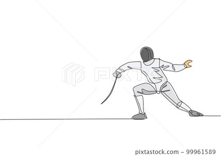 One single line drawing of young man fencer athlete in fencing costume exercising motion on sport arena vector illustration. Combative and fighting sport concept. Modern continuous line draw design 99961589