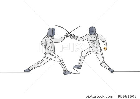 One single line drawing of two men fencer athlete in fencing costume exercising motion on sport arena vector illustration. Combative and fighting sport concept. Modern continuous line draw design 99961605