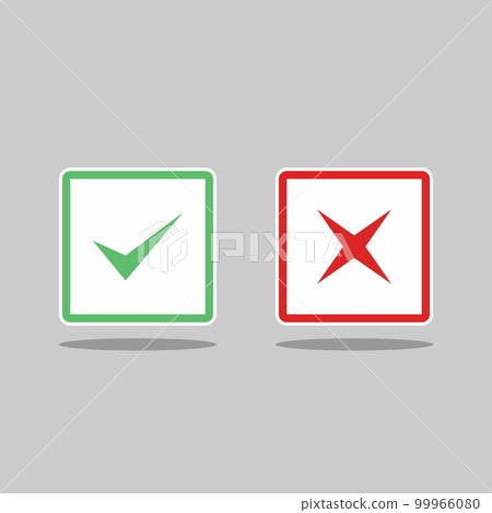 Check and wrong marks, Tick and cross marks, Accepted/Rejected, Approved/Disapproved, Yes/No, Right/Wrong, Green/Red, Correct/False, Ok/Not Ok - vector mark symbols in green and red. Isolated icon. 99966080