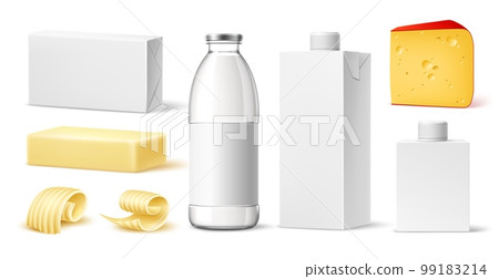 Realistic dairy products. Different natural milk drinks and food, 3d packaging with blank label, yogurt, butter and cheese, carton and glass blank bottles, isolated objects, utter vector set 99183214