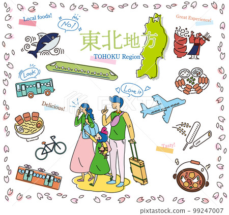 A family of three enjoying spring gourmet sightseeing in the Tohoku region of Japan, a set of icons (line drawing) 99247007