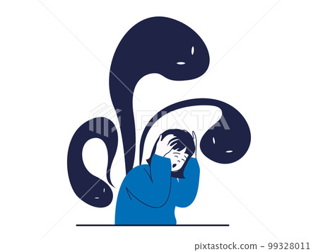 Mental health concept with character situation. Frightened woman experiencing panic attack or phobia from monsters black silhouettes. Vector illustration with people scene in flat design for web 99328011