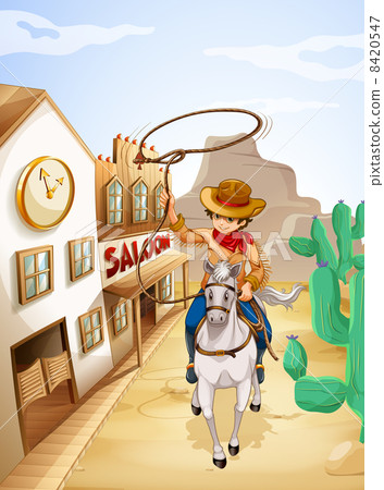 A cowboy riding in a horse holding a rope 8420547