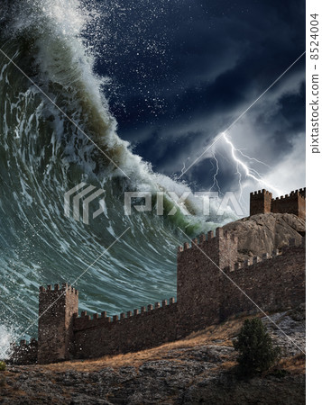 Giant tsunami waves crashing old fortress 8524004