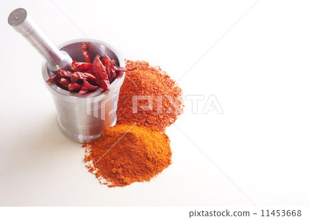 Chili powder with chili peppers in mortar over white background 11453668