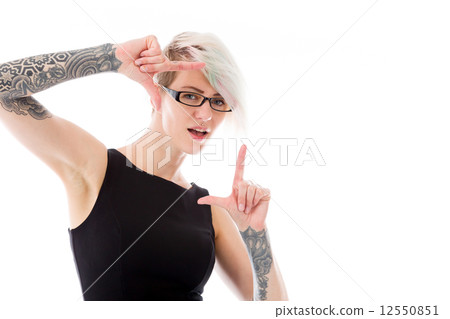 model isolated on plain background hand gesture framing focusing 12550851